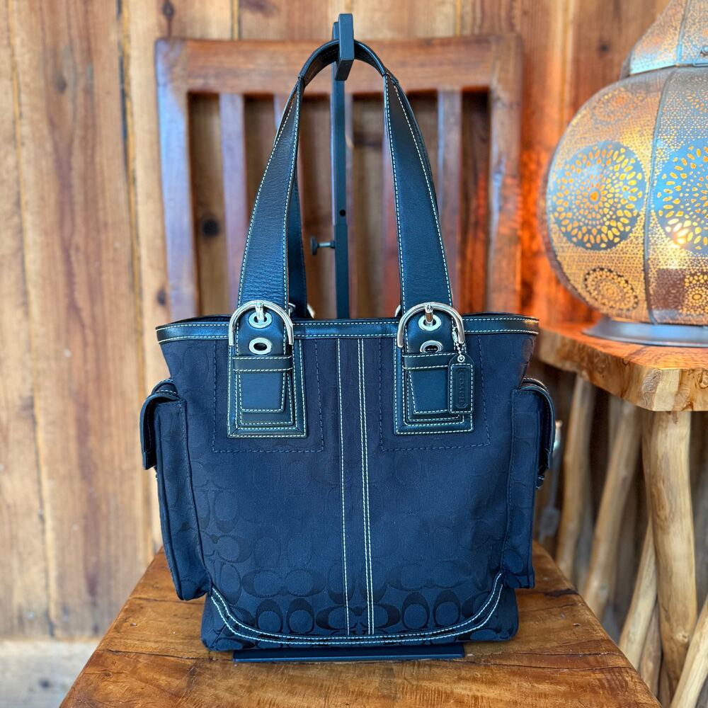 Coach Soho Signature Tote Bag Black C Jacquard Canvas & Leather Trim Style 10079